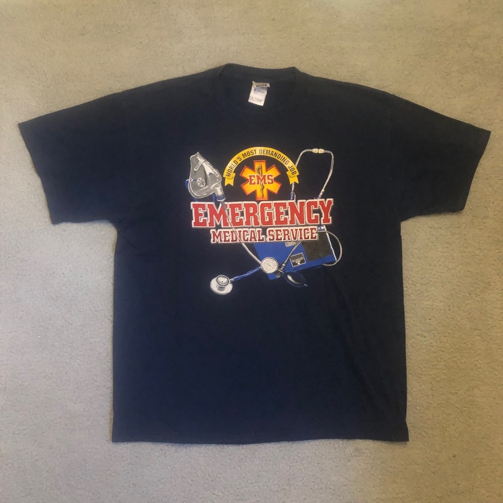 Vtg EMS Emergency Medical Service T Shirt XL Fruit of the Loom Navy Blue Tee